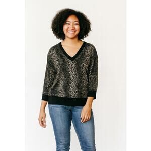 Michael Kors Black Metallic Animal Print V Neck 3/4 Sleeve Sweater M